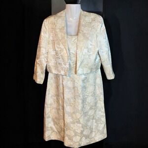 Talbots Ivory Dress 12P Jacket Metallic Gold Embroidered Roses Suit MOTB Party